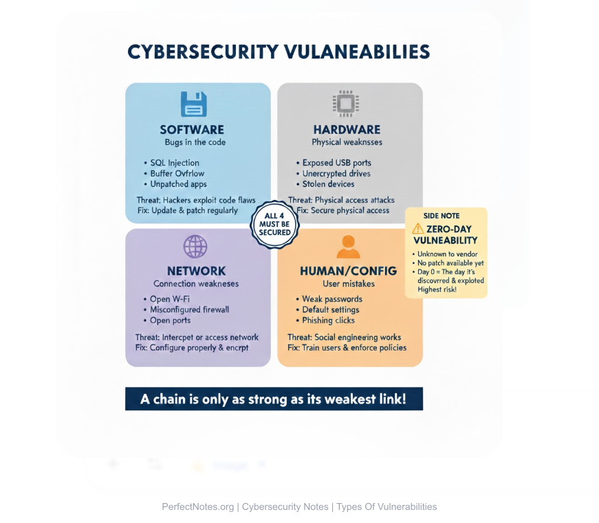 Types of Vulnerabilities - Software, Hardware, Network, and Human